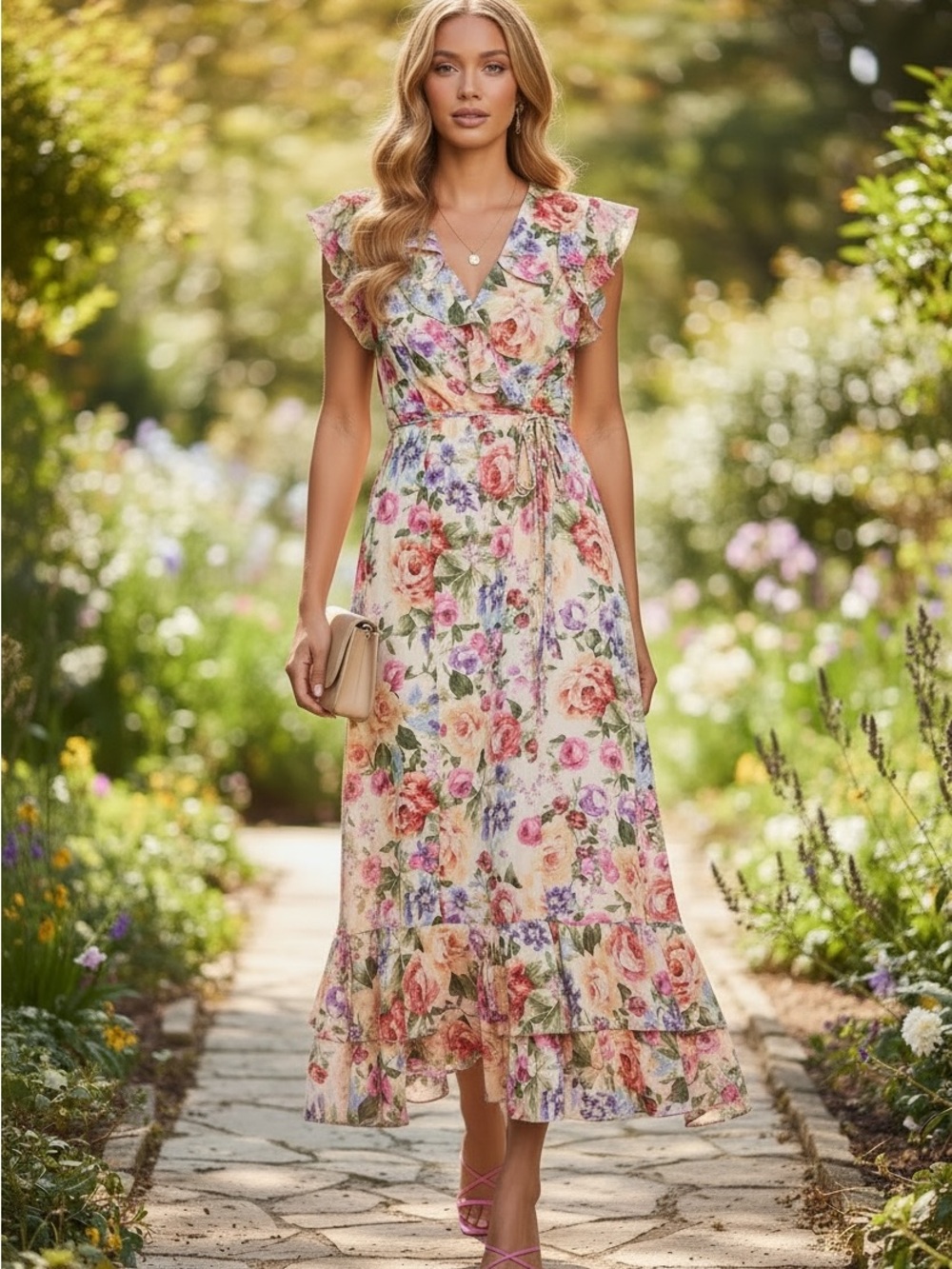 Moda Tara Floral Ruffle V-Neck Maxi Dress Sz 16